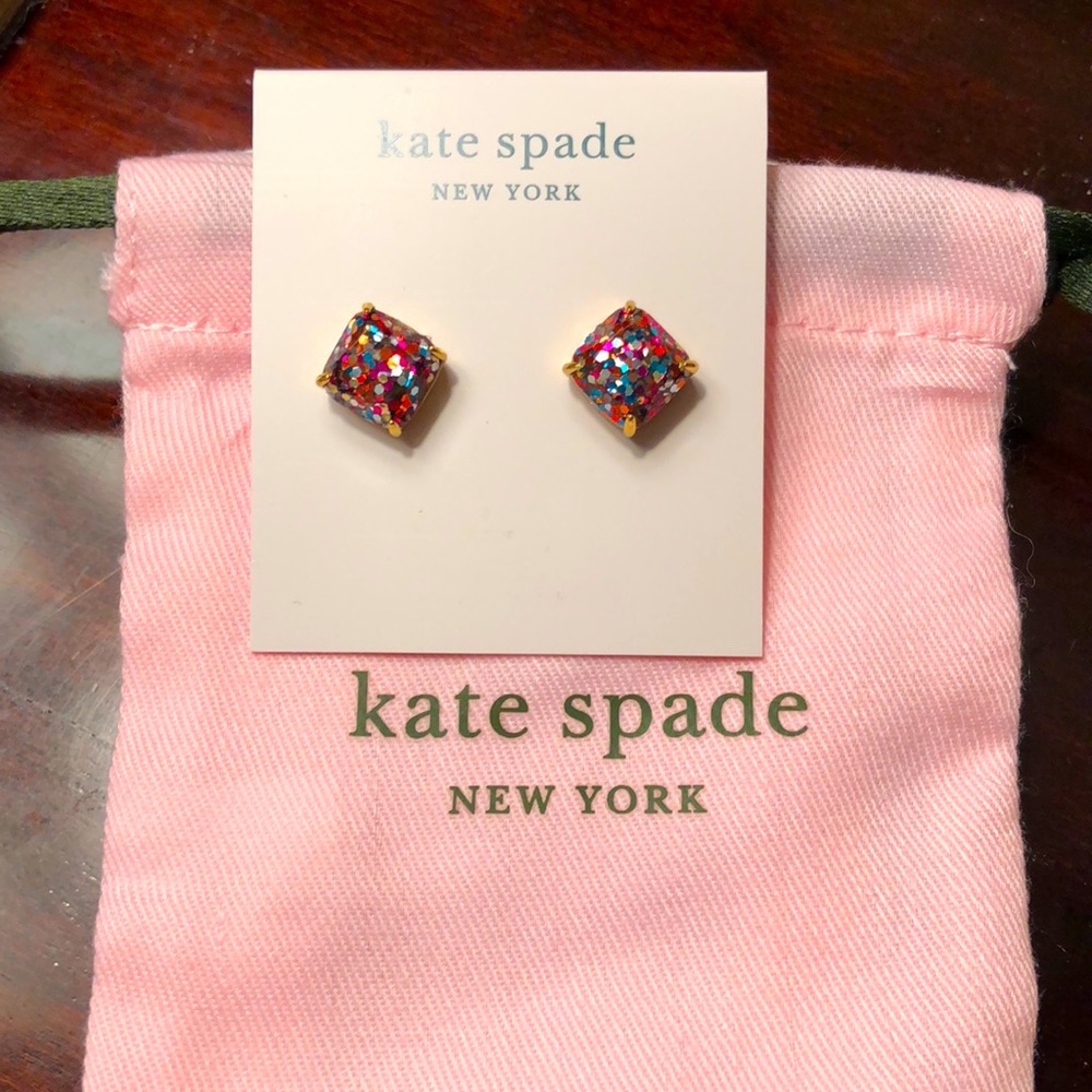 KATE SPADE NWT MINI MULTI-GLITTER/GOLD-TONE SMALL SQUARE STUD PIERCED EARRINGS